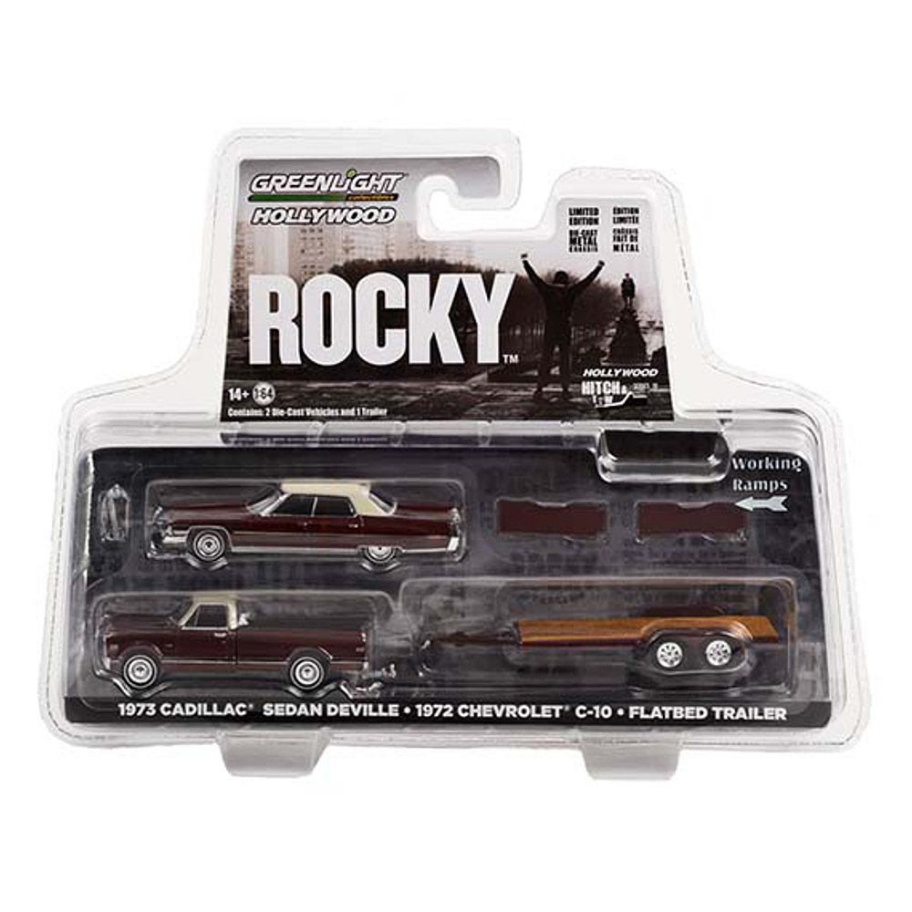 Greenlight Hitch and Tow 1972 Chevrolet C-10 with Rockys 1973 Cadillac Sedan deVille 1:64