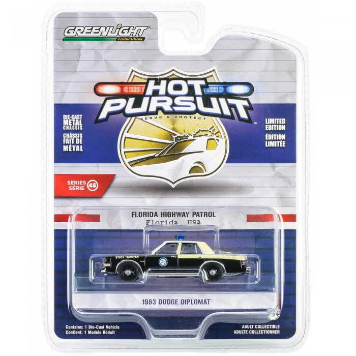 Greenlight Hot Pursuit Serie 45 1983 Dodge Diplomat Florida Highway Patrol State Trooper 1:64