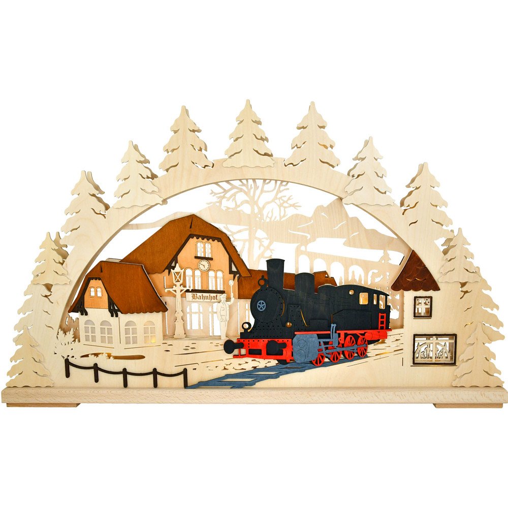 Bahnhof mit Dampflok 3D Schwibbogen
