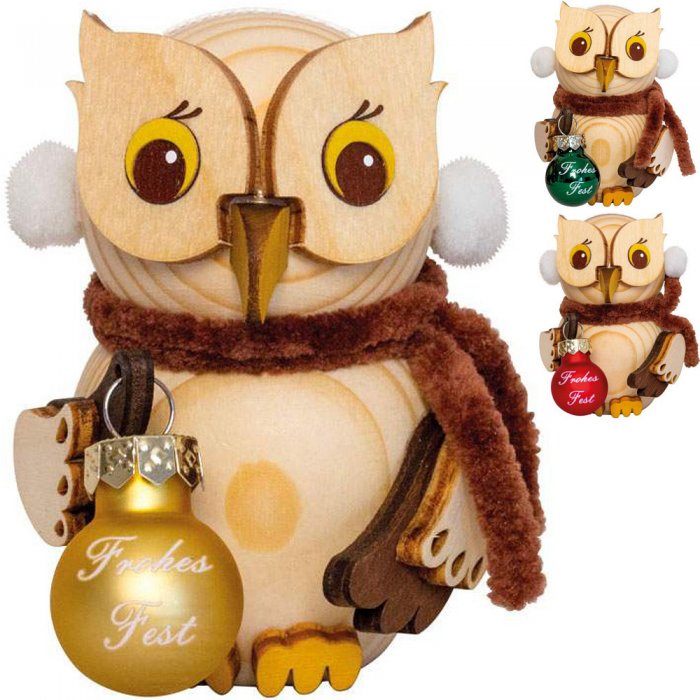 Mini Eule mit Weihnachtskugel Gold - Rot - Grün